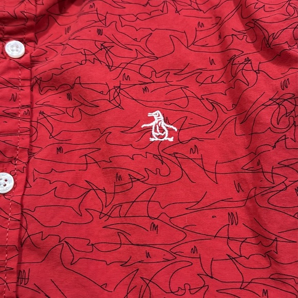 Penguin Shirt Boys Short Sleeve Button Up All Over Shark Print Red 14/16 Cotton - Picture 4 of 6